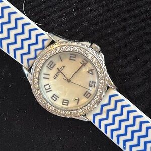 Geneva Watch Blue & White Silicone Band Silver Clear Rhinestone  New Battery